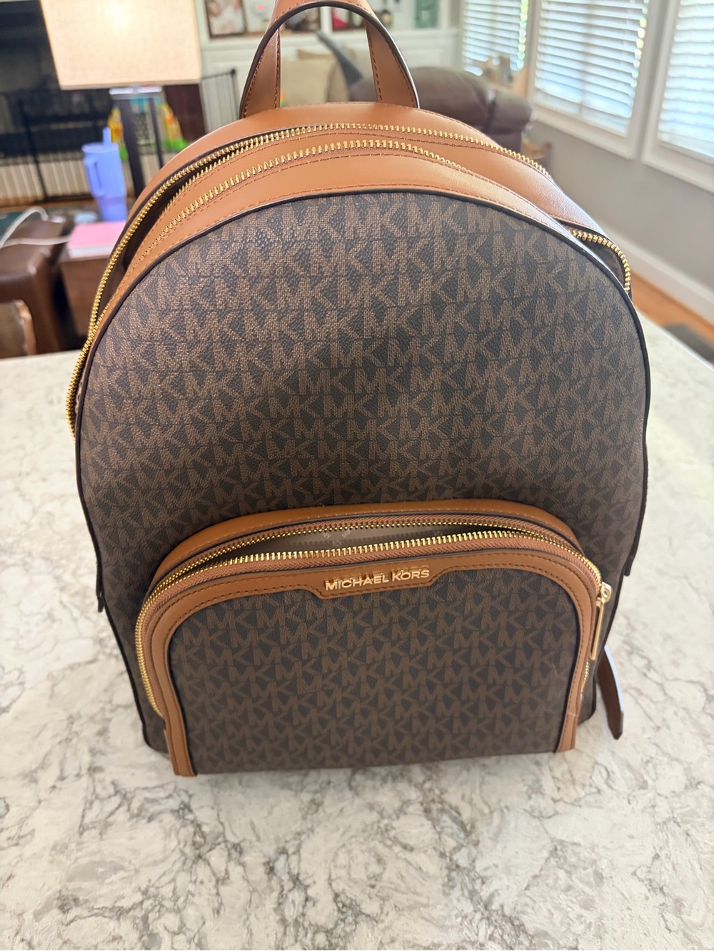 Michael Kors Brown MK Logo Backpack with Tan Trim and Gold Hardware